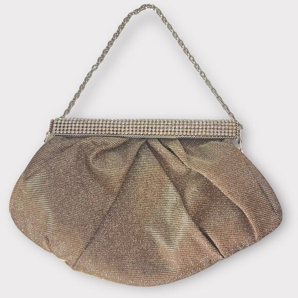 Vintage Mon Cherie Evening Bag Gold Glitter Fabric Rhinestone Trimmed Closure - Picture 1 of 8